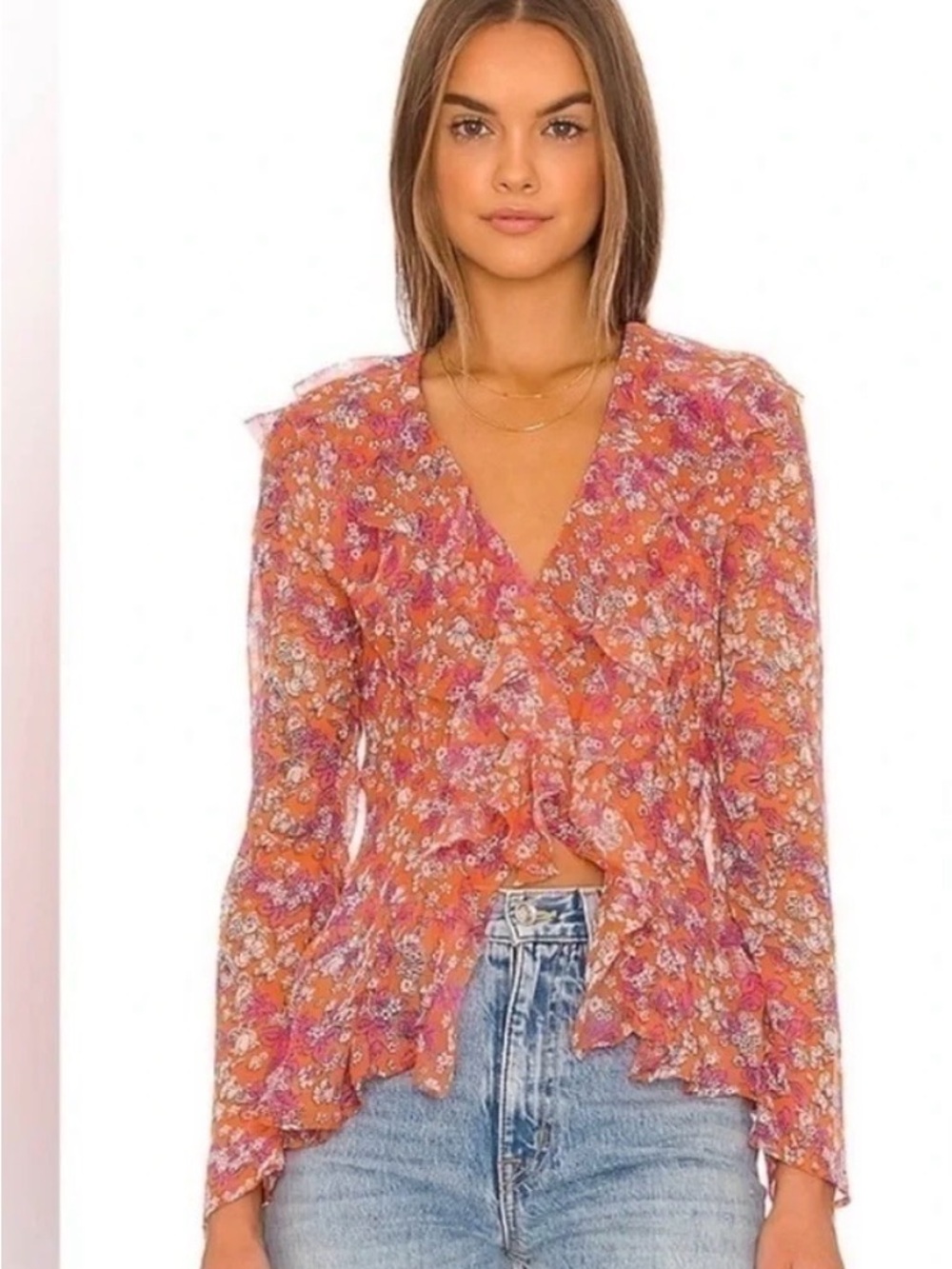 Free People Nina Printed Top Tulips Ditsy Ruffle sheer Blouse Orange Pink  XS